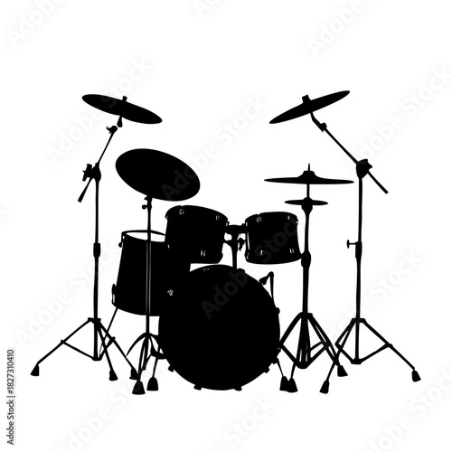 Studio music rock drummer silhouette photo of a black drum kit set instrument equipment on a stand with flash light