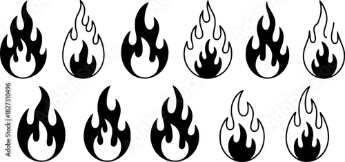 Collection of Black and White Flame Icons and Symbols on White Background