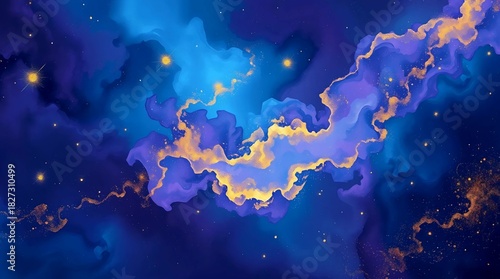 Blue Cosmic Cloud with a Shimmering Golden Streak and Tiny Stars