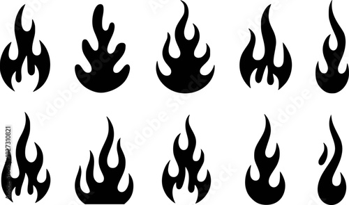 Collection of Black Flame Icons and Symbols on White Background