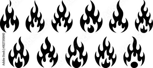 Collection of Black Flame Icons on White Background, Symbolizing Heat and Energy