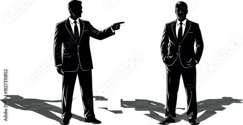 Black Silhouette Vector of Two Businessmen in Suits, One Pointing, Representing Management, Authority, Leadership, and Corporate Decision Making