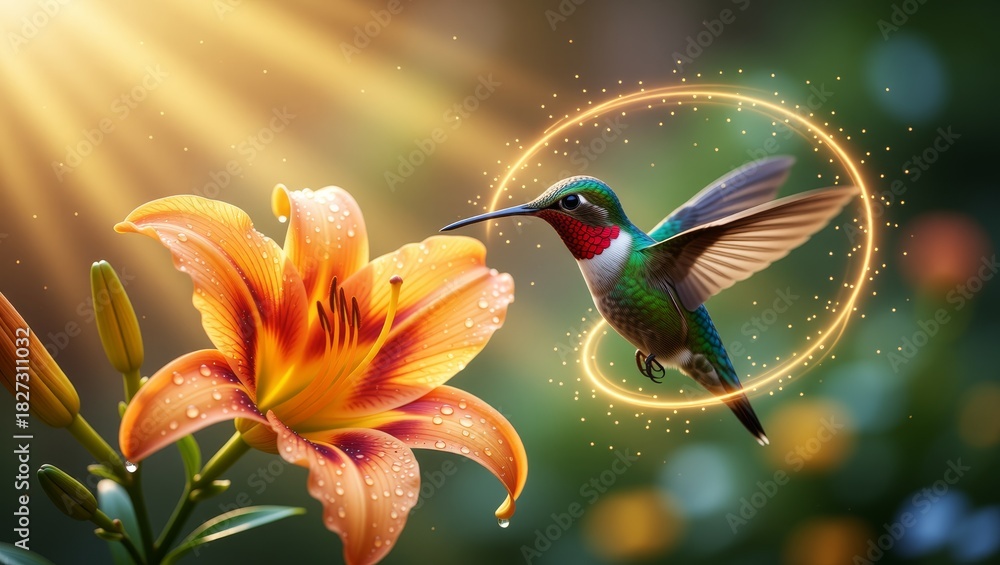 Obraz premium Hummingbird hovering near dewcovered orange lily