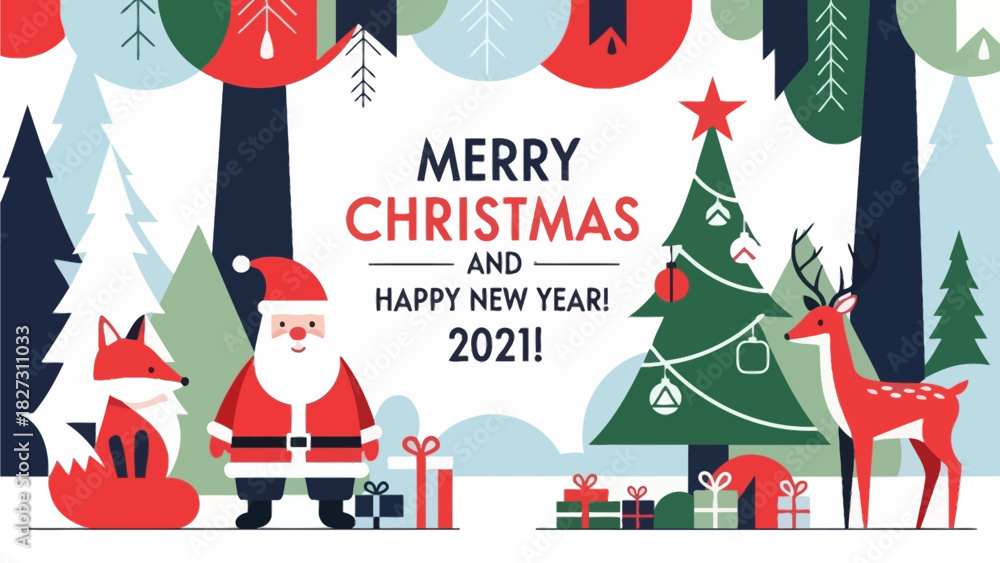 Fototapeta premium Festive Christmas and New Year 2021 illustration with Santa, reindeer, fox, and gifts.