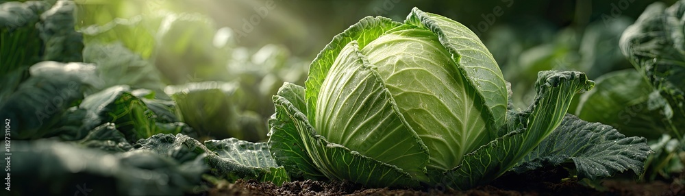Fototapeta premium A vibrant green cabbage grows amidst lush foliage, illuminated by soft sunlight, showcasing its fresh, healthy appearance.