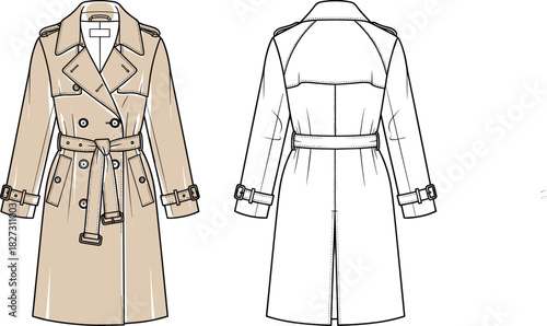 Classic Beige Double-Breasted Trench Coat Technical Fashion Flat Sketch Illustration Vector Drawing with Belt, Buckles, and Lapels, Front and Back View.