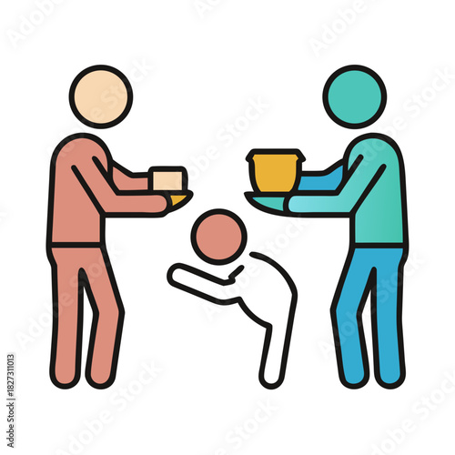 A simple vector icon for a file or illustration. It depicts people helping others by giving food and other goods.
