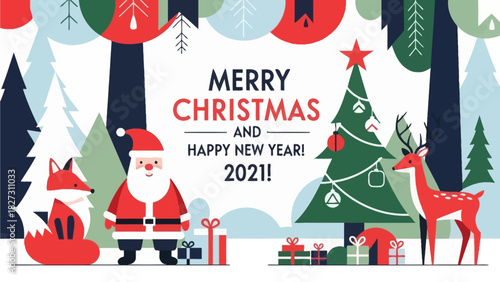 Festive Christmas and New Year 2021 illustration with Santa, reindeer, fox, and gifts.