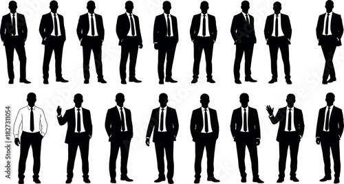 Collection of Full-Length Businessmen Silhouettes in Suits and Ties, Posing in Different Standing Postures, Representing Corporate Professional People Set