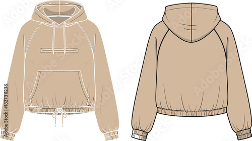 Cropped Beige Oversized Hoodie Technical Fashion Flat Sketch Illustration Vector Drawing with Raglan Sleeves, Drawstring Hem, and Kangaroo Pocket, Front and Back View.