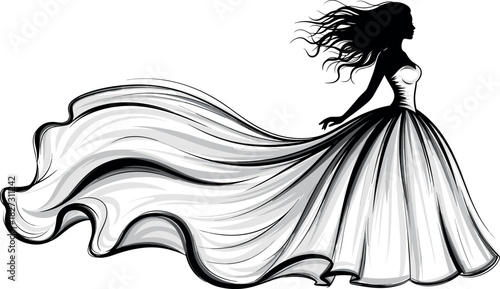 Dramatic Illustration of a Woman Silhouette in a Flowing Wedding Dress or Ball Gown with Windblown Hair and Fabric, Elegance and Fashion Vector