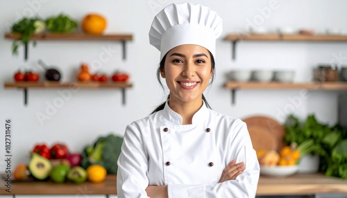 A smiling chef in a kitchen setting with fresh ingredients ready for cooking a meal