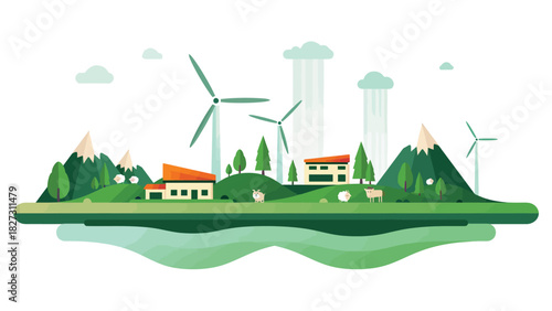 Vector illustration of a green energy community with wind turbines on a pastoral landscape, promoting a sustainable and eco-friendly future