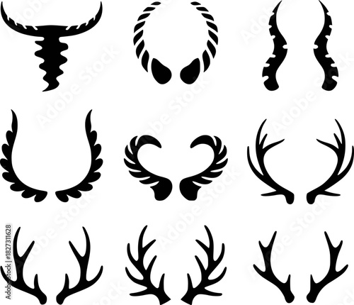 Collection of Diverse Black Silhouette Antlers and Horns on White Background