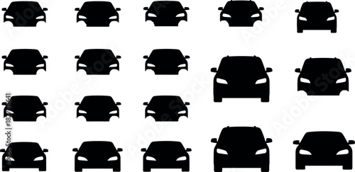 Large set of car front view silhouettes featuring various vehicle types, vector illustration for transportation, traffic, and automotive industry graphic design