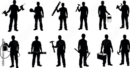 Large set of construction worker and handyman silhouettes holding various tools like hammer, drill, and level, vector illustration for trade, labor, and building concepts