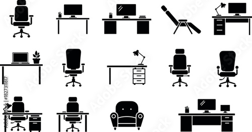 Office Furniture Icons Set, Desk, Chair, and Computer Silhouette Vectors, Workplace Equipment Collection for Remote Work and Interior Design, Isolated Black Icons