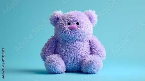 Cute Fluffy Purple Teddy Bear Sitting on a Light Blue Background.