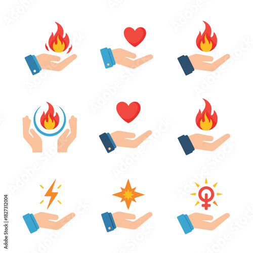 Compassion and support icons depicting hands offering hearts, flames, and caring symbolic gestures.