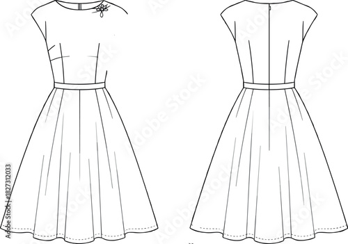 Retro 1950s A-line Dress Sewing Pattern Illustration with Cap Sleeves, Full Skirt, and Darted Bodice, Vintage Women's Fashion DIY Garment Template