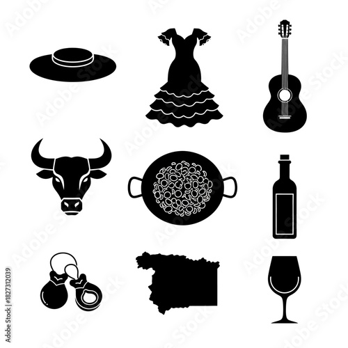 Traditional Spanish Culture Icons Featuring Dress, Guitar, Fan, Hat, Bull, and Culinary Symbols