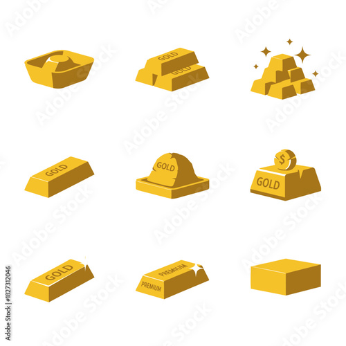 Set of gold bar icons showcasing bullion stacks, ingots, and wealth symbols in polished metallic designs.