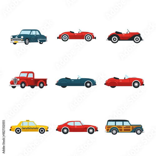 Collection of colorful car icons featuring vintage sedans, classic convertibles, and modern compact vehicles