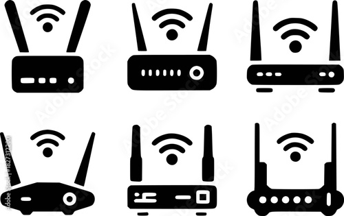 Collection of six black and white icons representing various Wi-Fi routers and modems