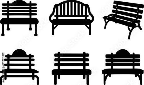 Collection of Six Black Silhouette Park Benches in Various Styles