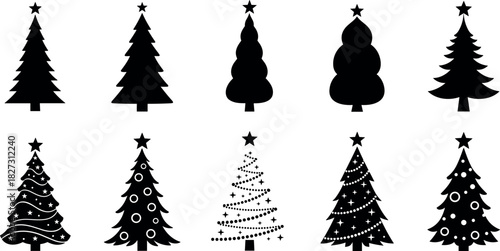 Set of decorated and plain Christmas tree silhouettes with star on top, vector illustration for holiday greeting cards, winter design, and festive season