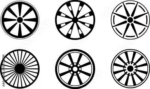 Collection of Six Stylized Black and White Wheel Icons