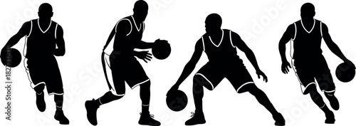 Set of four basketball player silhouettes dribbling and handling the ball in various dynamic action poses, vector illustration for sport and game graphic