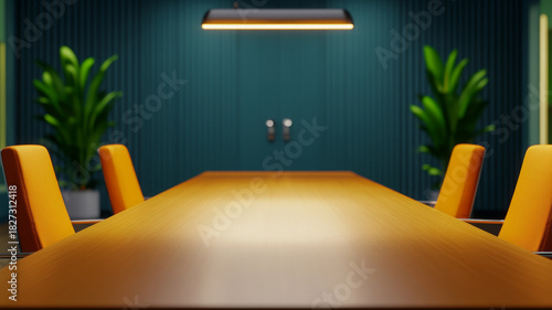 Modern conference room with long wooden table, orange chairs, green plants, and soft lighting