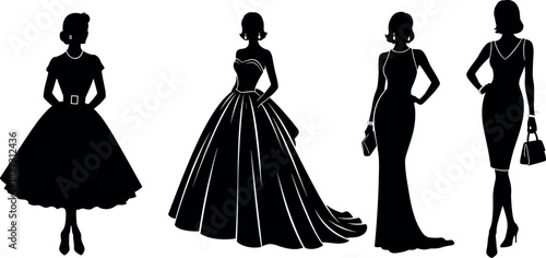 Set of four elegant women silhouettes wearing various classic formal and vintage dresses, representing fashion, glamour, retro style, and beauty vector