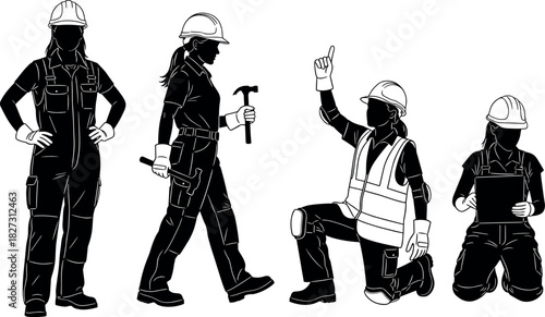 Set of four female construction worker silhouettes in hard hats and safety gear, holding tools, posing, and kneeling for building, labor, and engineering diversity