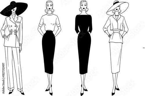 Set of four women's retro fashion illustrations featuring classic  1950s and 1960s style pencil skirts, suits, and wide-brim hats vector drawing