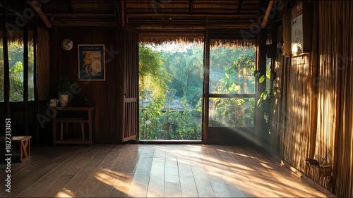 Wooden interior with large window overlooking lush green scenery