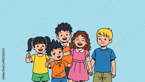 Smiling diverse group of happy children, multi-ethnic kids standing together, cartoon illustration