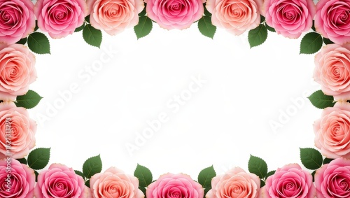 Pink peach roses frame green leaves