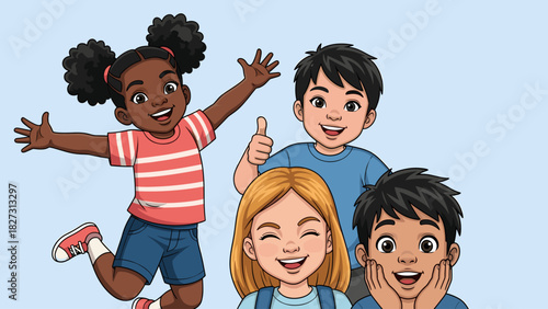 Joyful group of diverse cartoon children smiling and playing together, celebrating friendship and happiness.