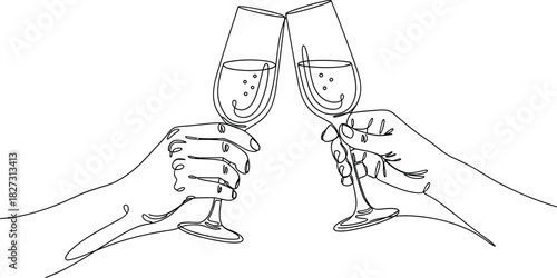 Champagne toast line art, minimalist hands, clinking glasses, celebration vector, elegant sketch, festive design, party symbol, social moment
