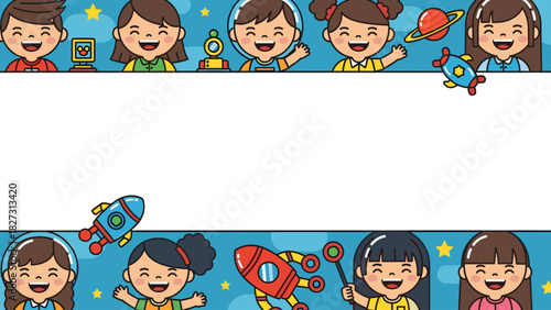 Happy Cartoon Kids & Space Elements Border with Blank Copy Space. Educational Children's Banner Template.