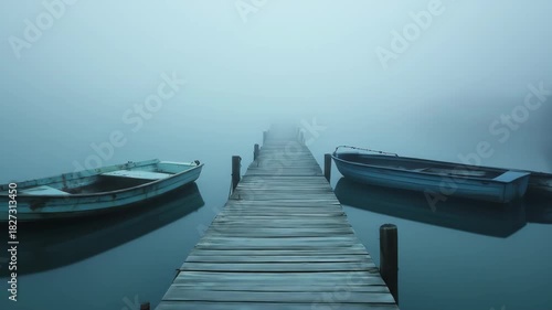 Wooden pier extending into misty water with two boats at rest
