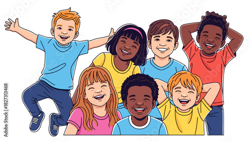 Joyful diverse children group illustration. Happy smiling kids, friendship, community, and inclusivity concept.
