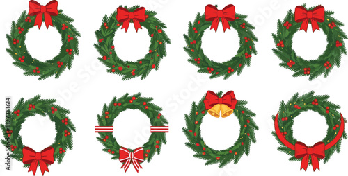 Christmas wreath set, pine branches, red berries, festive bows, holiday decor, seasonal ornament, winter celebration, realistic illustration, decorative design, variation