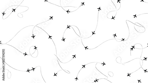 Airplane routes pattern, dotted flight paths, black plane silhouettes on white background, abstract travel, air traffic, destination, and global transportation illustration.