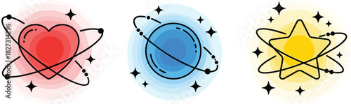 Atomic celestial love, star, and planet vector icons set. Science, astrology, cosmic energy, and romance concepts with orbiting electrons and glowing halo.