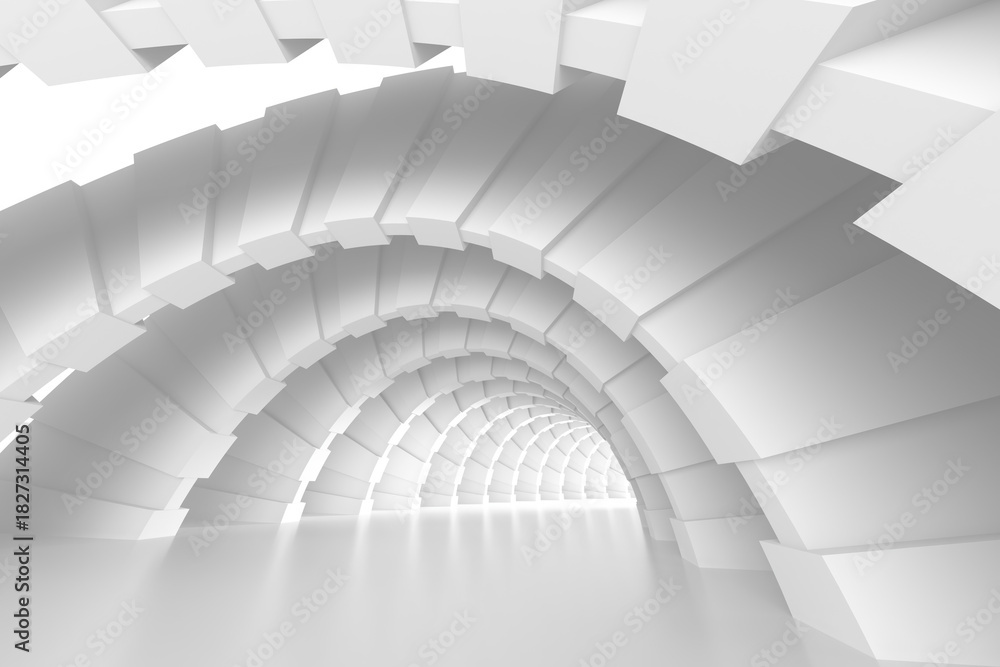 Fototapeta premium Futuristic white geometric tunnel with abstract arch design for modern background. 3d render