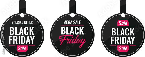 Black Friday Sale Price Tag Set, Special Offer, Mega Sale, and Discount Labels, Retail Shopping Event Promotion Badge, Modern Black and Pink Vector Collection