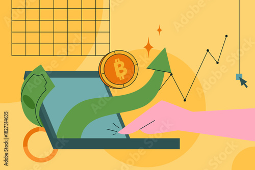Hand with laptop, cash flow and bitcoin coin moving upward with charts, concept for trading profit, online investment, and financial success.